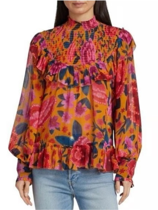 FARM Rio Tops - FARM Rio Floral Ruffle Blouse Long Sleeve Mock Neck Size XS
